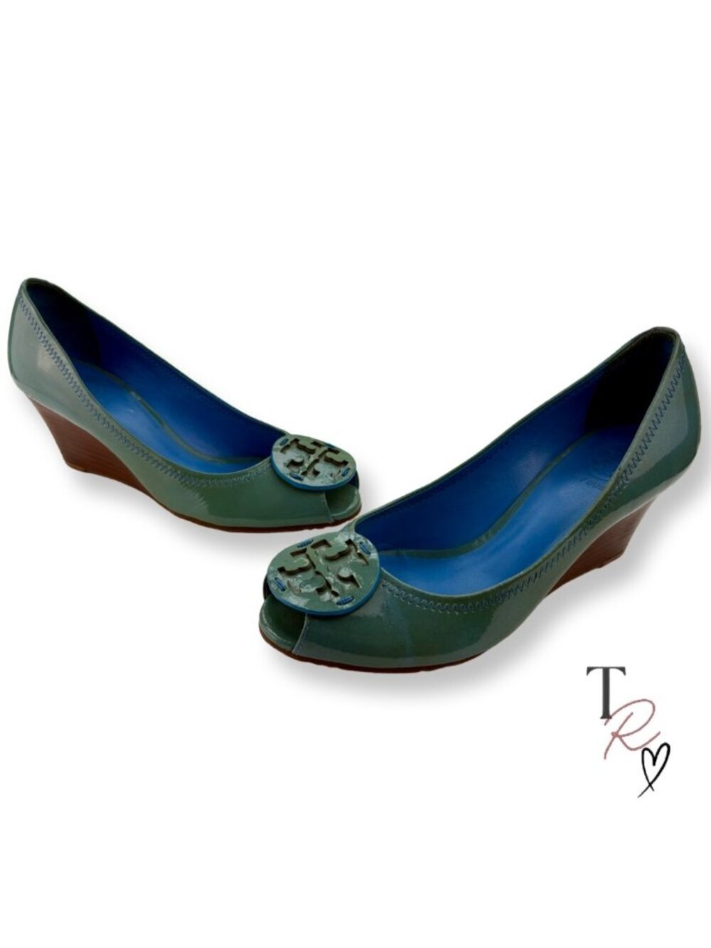 Tory Burch Patent Leather Peep Toe Wedge Pumps Blue Green RARE Colorway Size 8